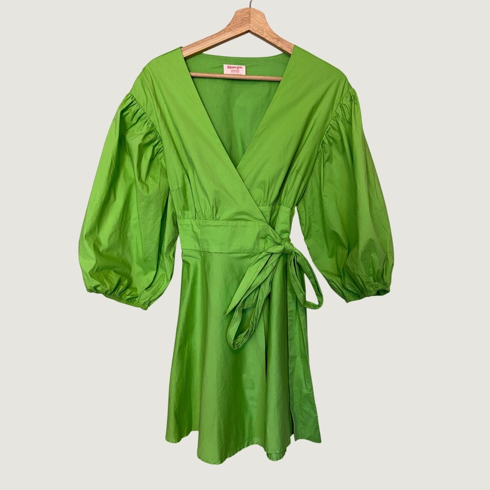Showpo Lime Green Puff Sleeve Wrap Mini Dress Size 12 V-Neck Cotton Blend